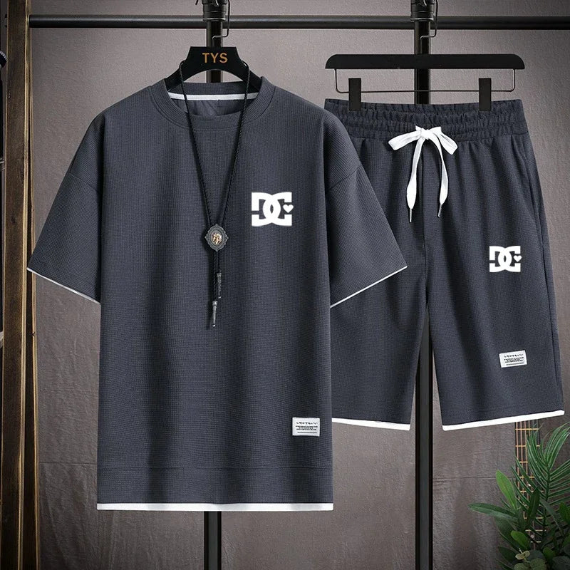 Men's two-piece summer suit, casual T-shirt and shorts, sportswear, fashion sweatshirt, couple short-sleeved suit