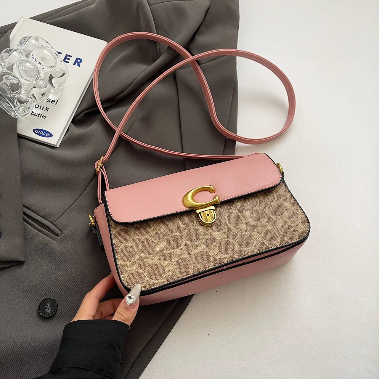 COACH Old Flower Classic Small Square Bag with Chic Color Matching Shoulder Messenger Bag for Fashion Enthusiasts FREE Shipping