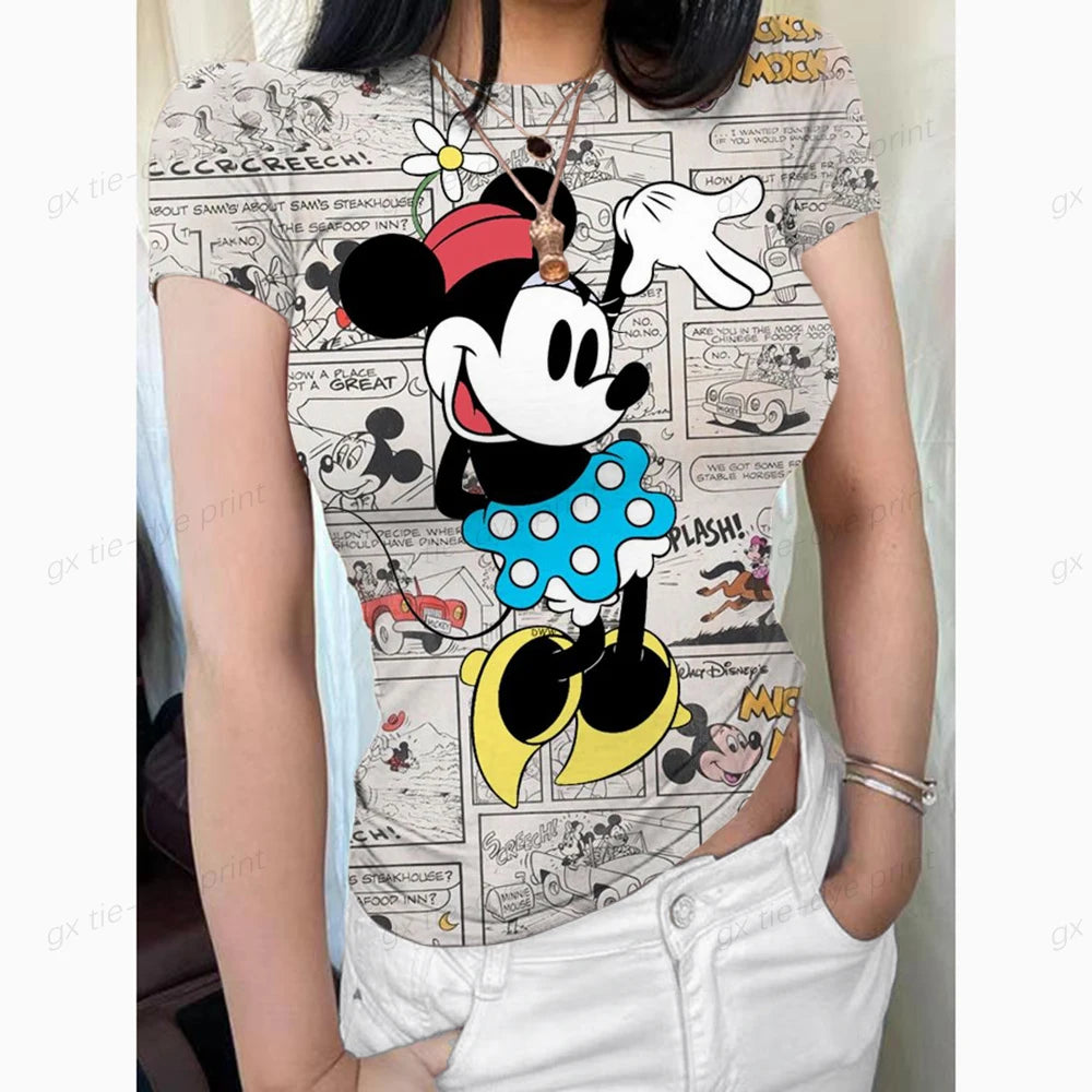 Mickey Mouse Women's Crew Neck Short Sleeve Tops Double Lined Slim Fit T Shirts Basic Tee Smoke Cloud Pro Collection