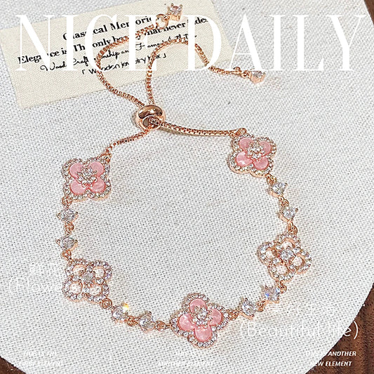 Qimeng Sweet Cherry" Vintage Pink Mother-of-Pearl Four-Leaf Clover Bracelet with Micro-Zirconia Inlay and Cutout Design FREE Shipping