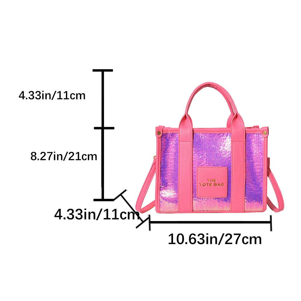 New The Tote Bag Letter Printed Sequins Top-Handle Bag Women Leather Handbag Luxury Designer Glitter Shoulder Crossbody Bag 2023
