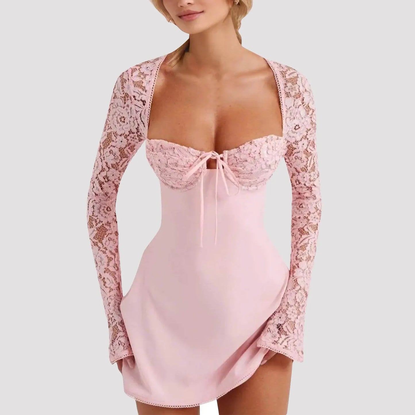 Women’s Elegant Bodycon Mini Dress Lace Long Sleeve White Dress For Spring Summer Low Cut Back Tie Dress Tunic Dress Party Wear Free Shipping