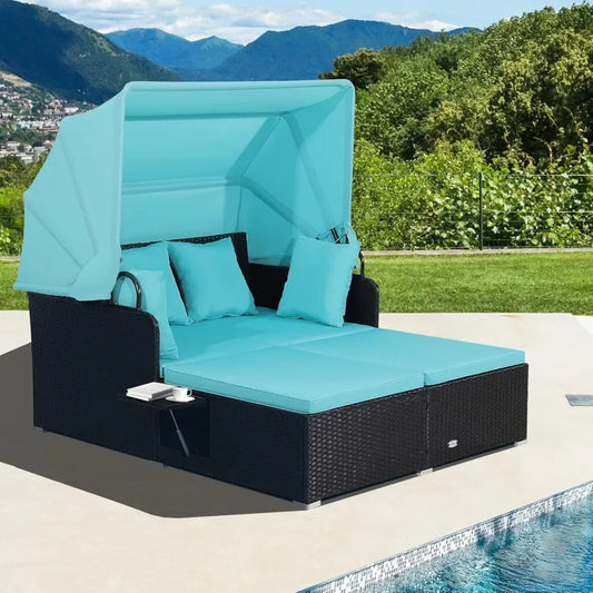 Patio Rattan Daybed with Retractable Canopy, Patiojoy Wicker Sun Lounger with 2 Foldable Side Panels, Thick Seat & Back Cushions FREE Shipping