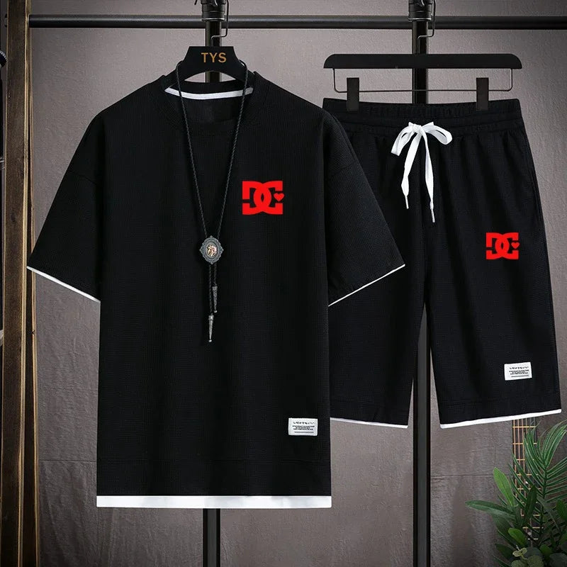 Men's two-piece summer suit, casual T-shirt and shorts, sportswear, fashion sweatshirt, couple short-sleeved suit