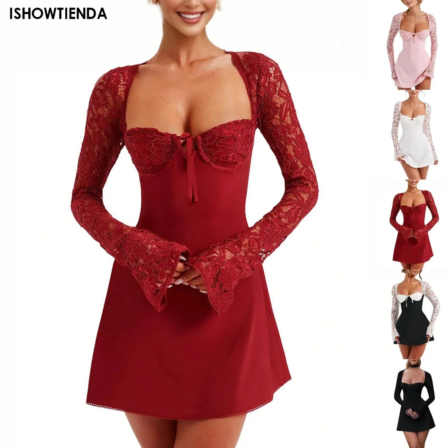 Women’s Elegant Bodycon Mini Dress Lace Long Sleeve White Dress For Spring Summer Low Cut Back Tie Dress Tunic Dress Party Wear Free Shipping