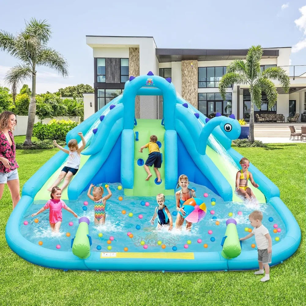 Inflatable Water Slide, Dinosaur Water Bounce House Park for Kids and Adults Outdoor, Dual Slides & Splash Pool, Wet Dry Combo FREE SHIPPING