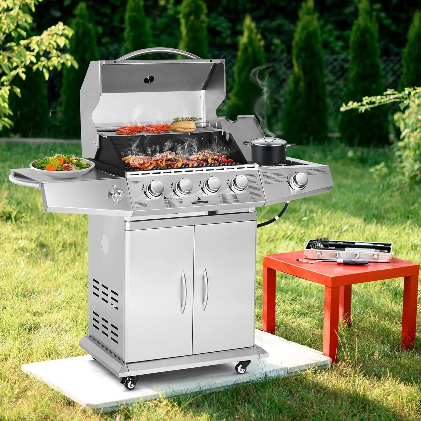 Propane Gas Grill 4 Burners with Side Burner, Stainless Steel Grill Cart with Wheels for Outdoor Patio Garden Backyard Cooking FREE Shipping