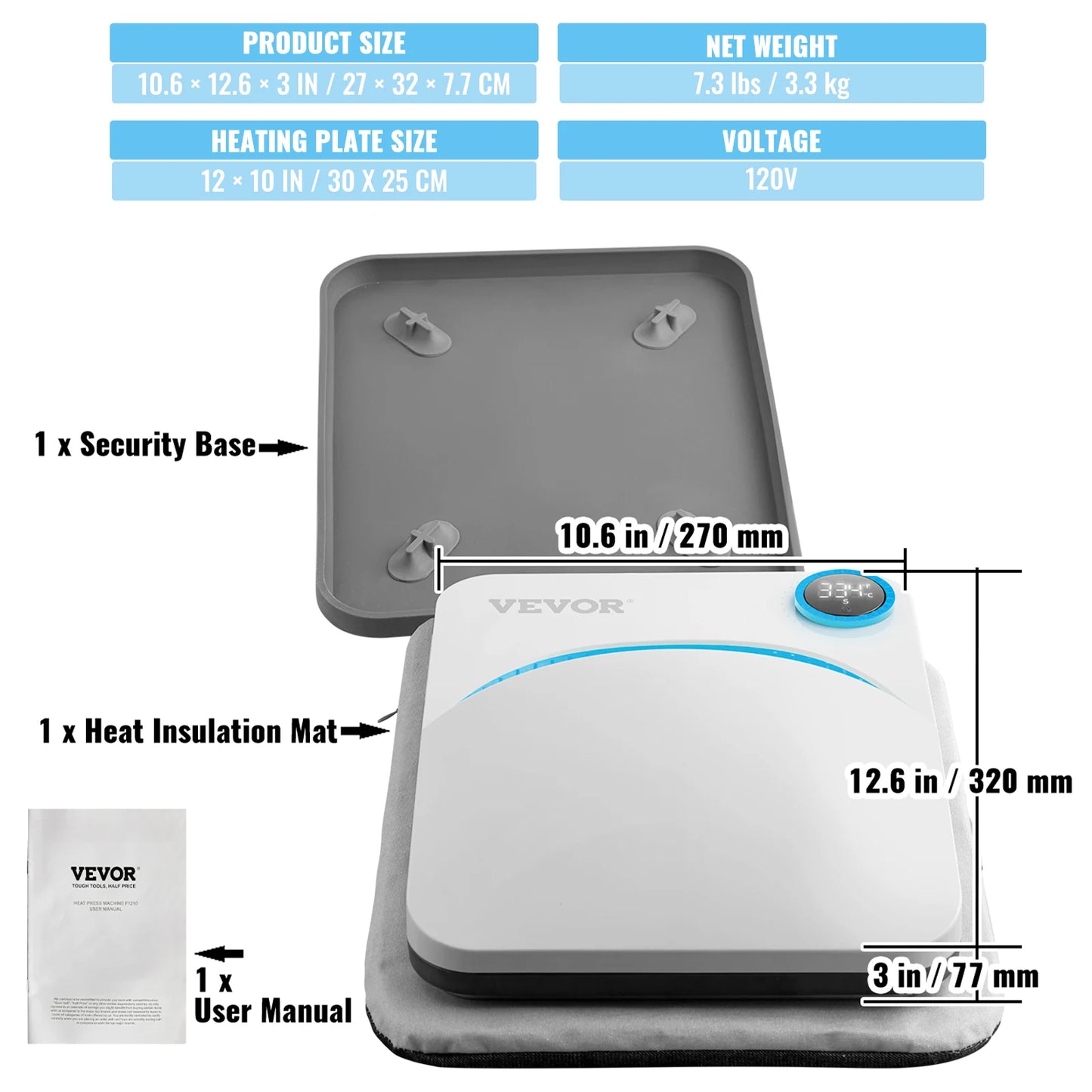 VEVOR 9x9/12x10 in Portable Heat Press Machine DIY Shirt Printing Multifunctional Sublimation Transfer for HTV Vinyl T-shirt Bag
