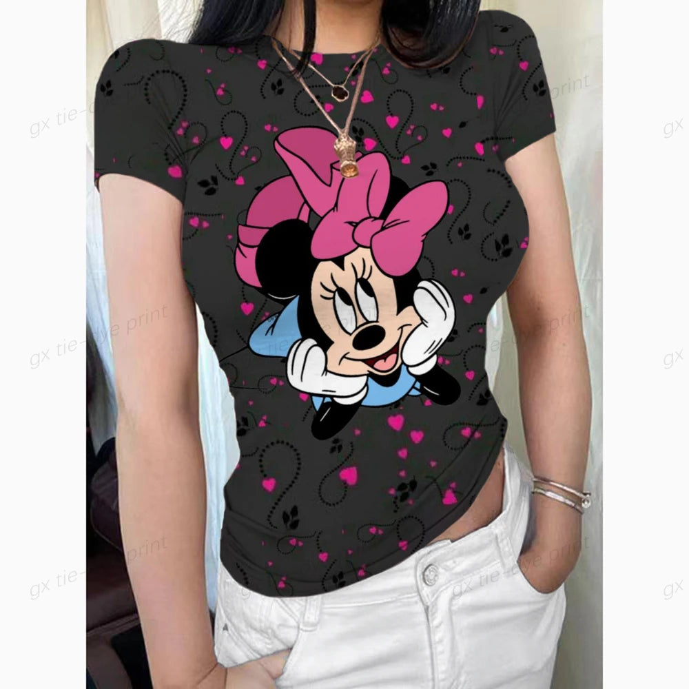 Mickey Mouse Women's Crew Neck Short Sleeve Tops Double Lined Slim Fit T Shirts Basic Tee Smoke Cloud Pro Collection