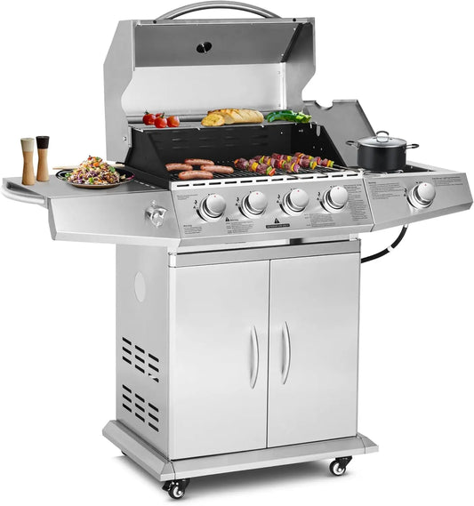 Propane Gas Grill 4 Burners with Side Burner, Stainless Steel Grill Cart with Wheels for Outdoor Patio Garden Backyard Cooking FREE Shipping