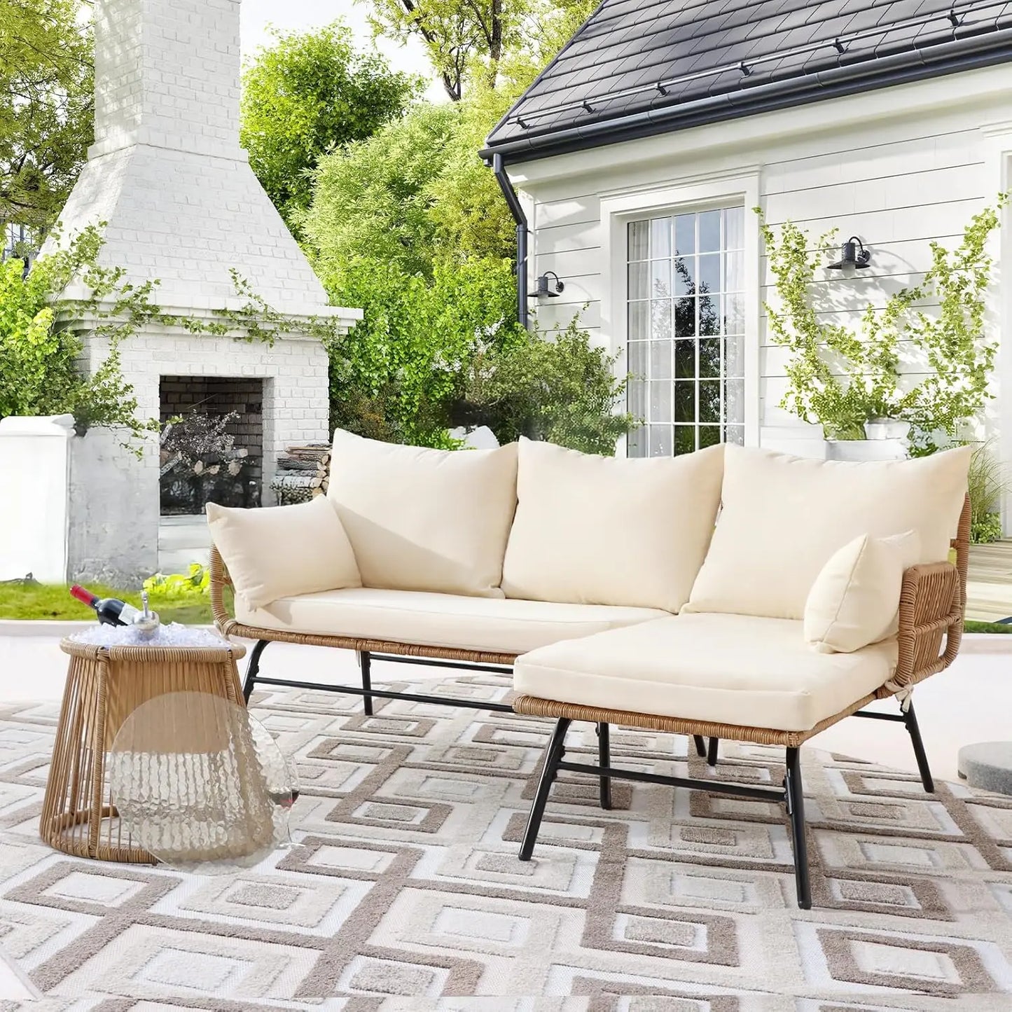 7-piece Bohemian Style Outdoor Courtyard Furniture Sofa Set, Including Egg Chairs, L-shaped Leisure Chairs, and Beige Cushions FREE Shipping