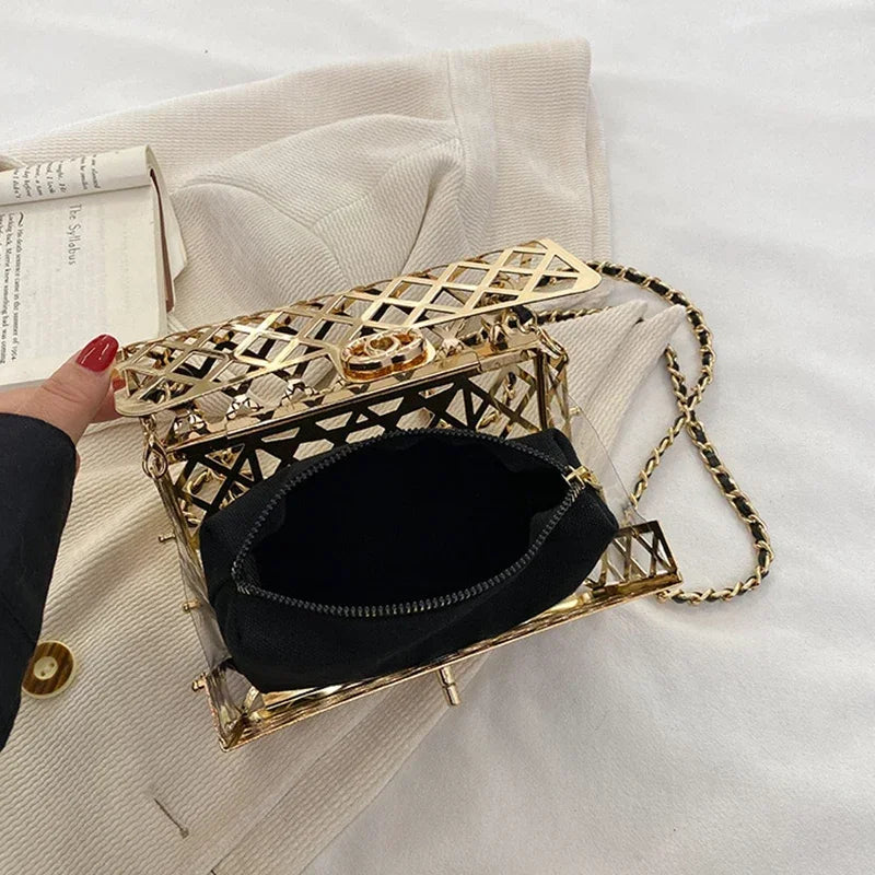 New Style Metal Small Square Handbag Lady Hollow Personality Elegant Evening Messenger Bag All-in-one Chain Shoulder Dinner Bags