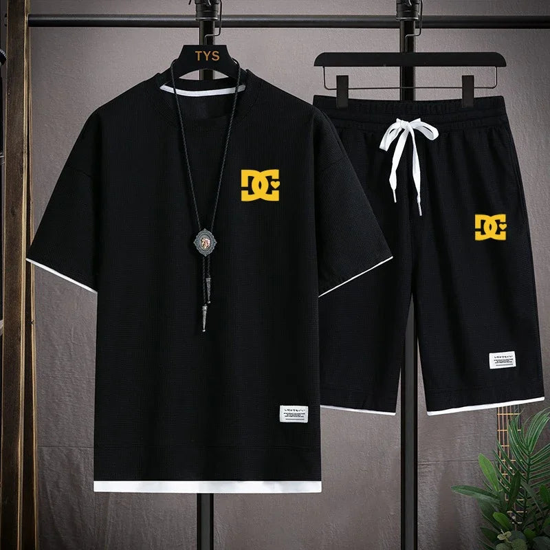 Men's two-piece summer suit, casual T-shirt and shorts, sportswear, fashion sweatshirt, couple short-sleeved suit