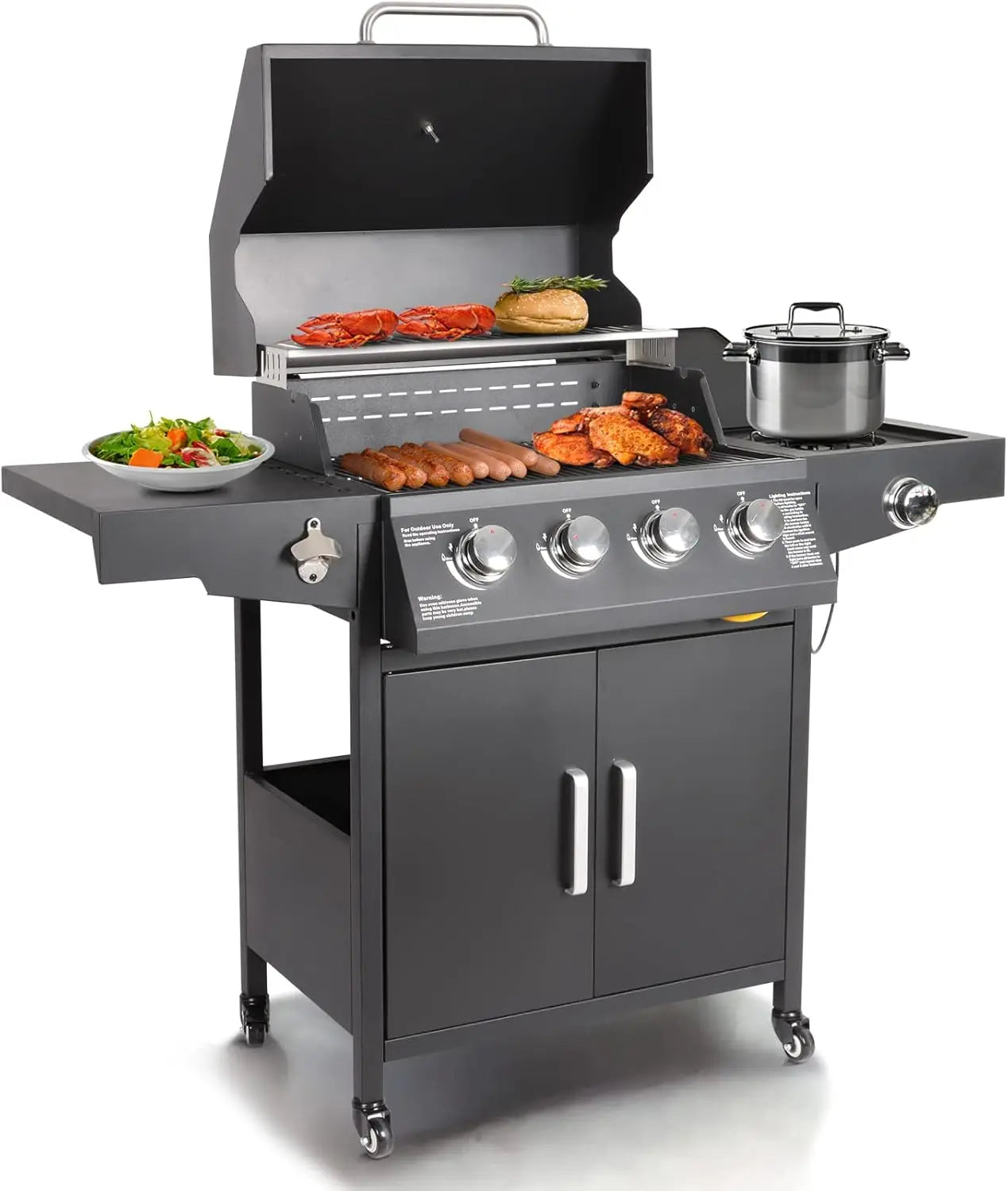 Propane Gas Grill 4 Burners with Side Burner, Stainless Steel Grill Cart with Wheels for Outdoor Patio Garden Backyard Cooking FREE Shipping