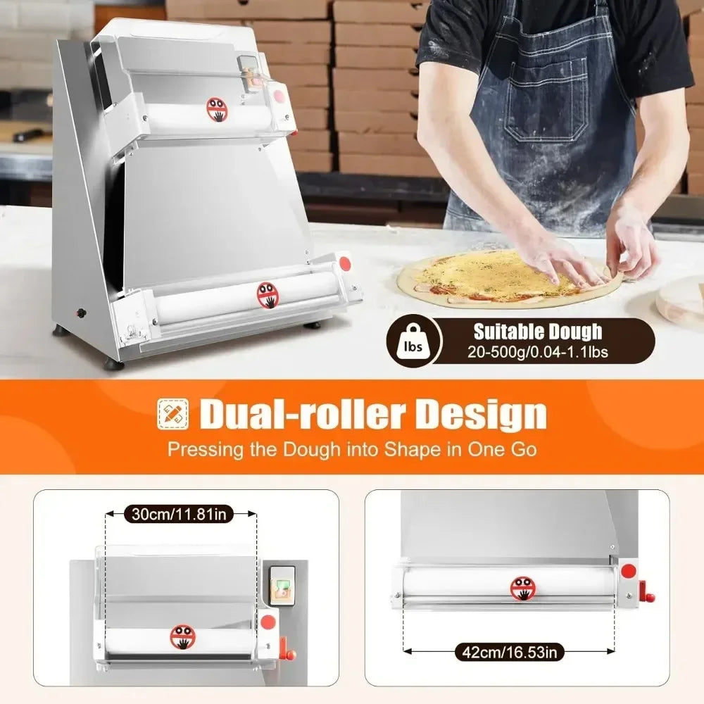 370W 110V Commercial Dough Roller Sheeter, Electric Pastry Press Making Machine, Pizza Press Pizza Thickness Adjustable