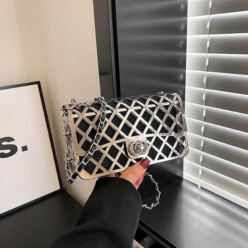 New Style Metal Small Square Handbag Lady Hollow Personality Elegant Evening Messenger Bag All-in-one Chain Shoulder Dinner Bags