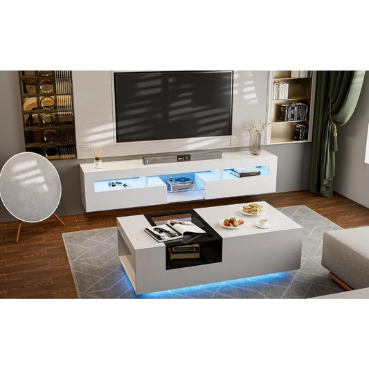 LED Floating TV Stand for 85+ inch TV, White High Glossy Wall Mounted Haning TV Stand with 2 Cabinets, Modern Floating FREE SHIPPING