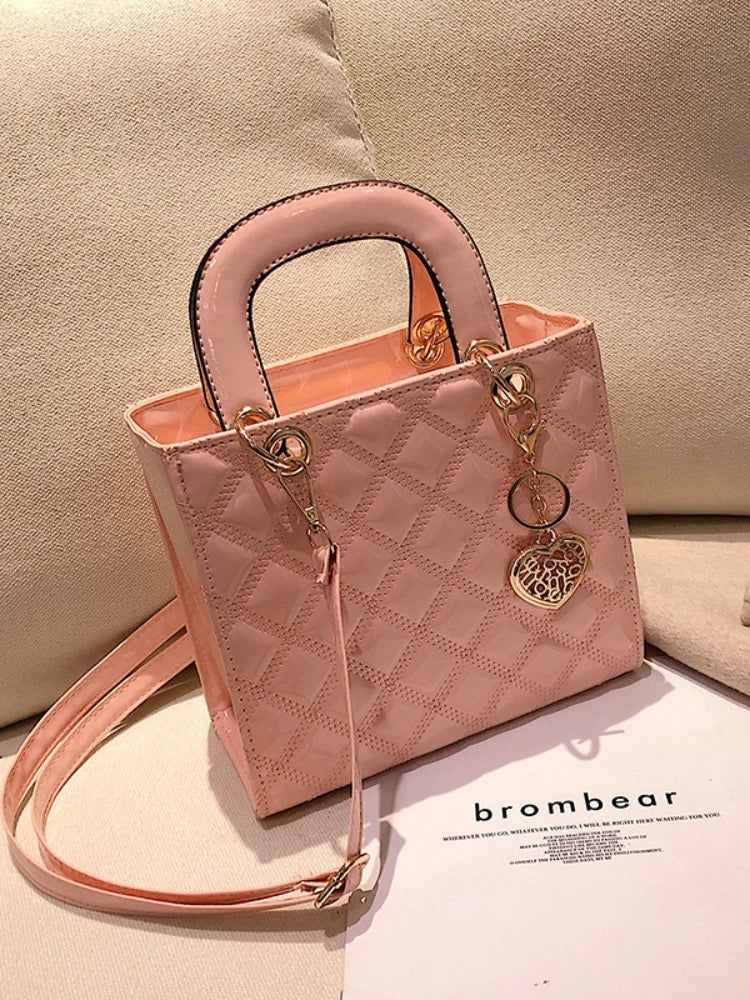 Women's Bright Shoulder Bag Diamond Girl Handbag Fashion Crossbody Bag Car Stitching Craft Pendant Decoration PU Material