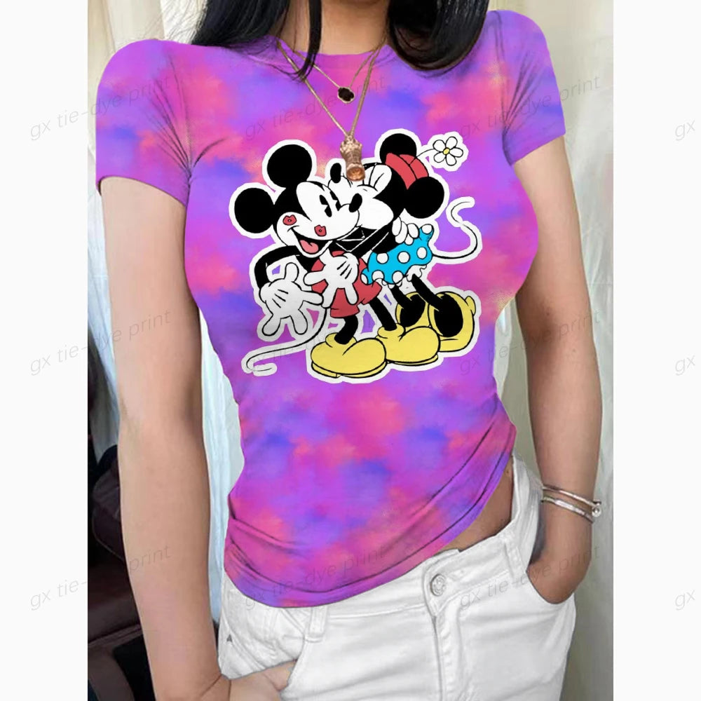 Mickey Mouse Women's Crew Neck Short Sleeve Tops Double Lined Slim Fit T Shirts Basic Tee Smoke Cloud Pro Collection