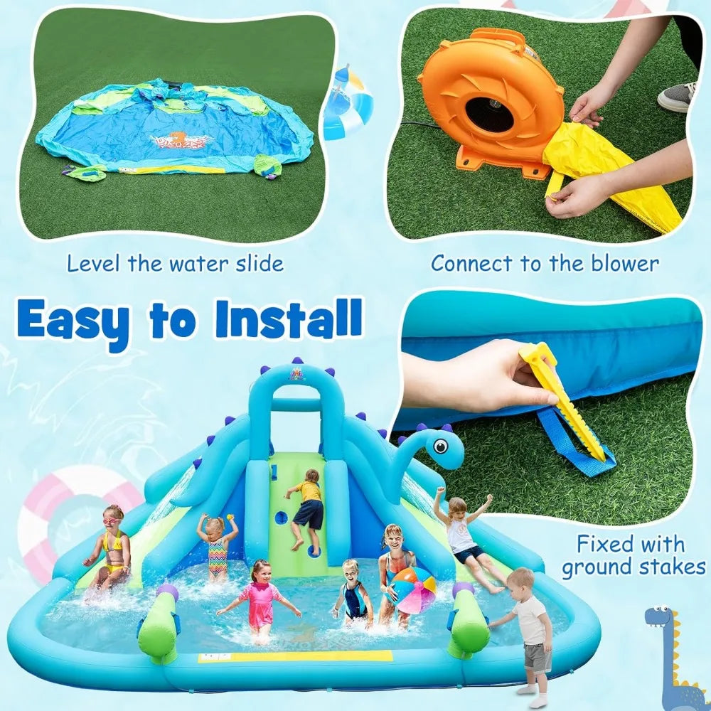Inflatable Water Slide, Dinosaur Water Bounce House Park for Kids and Adults Outdoor, Dual Slides & Splash Pool, Wet Dry Combo FREE SHIPPING