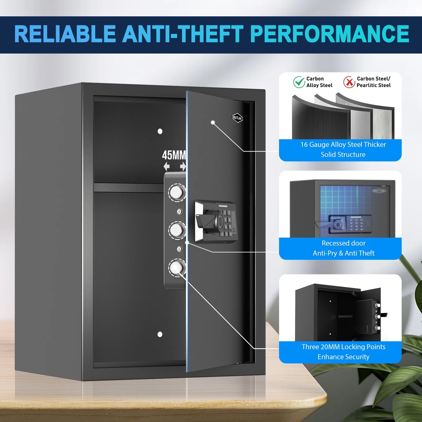 Mutak 2.0 Cub Biometric Home Safe w/ Fireproof Bag&Alarm,Office Home Security Safe Fingerprint Jewelry Valuables Money Safe Box