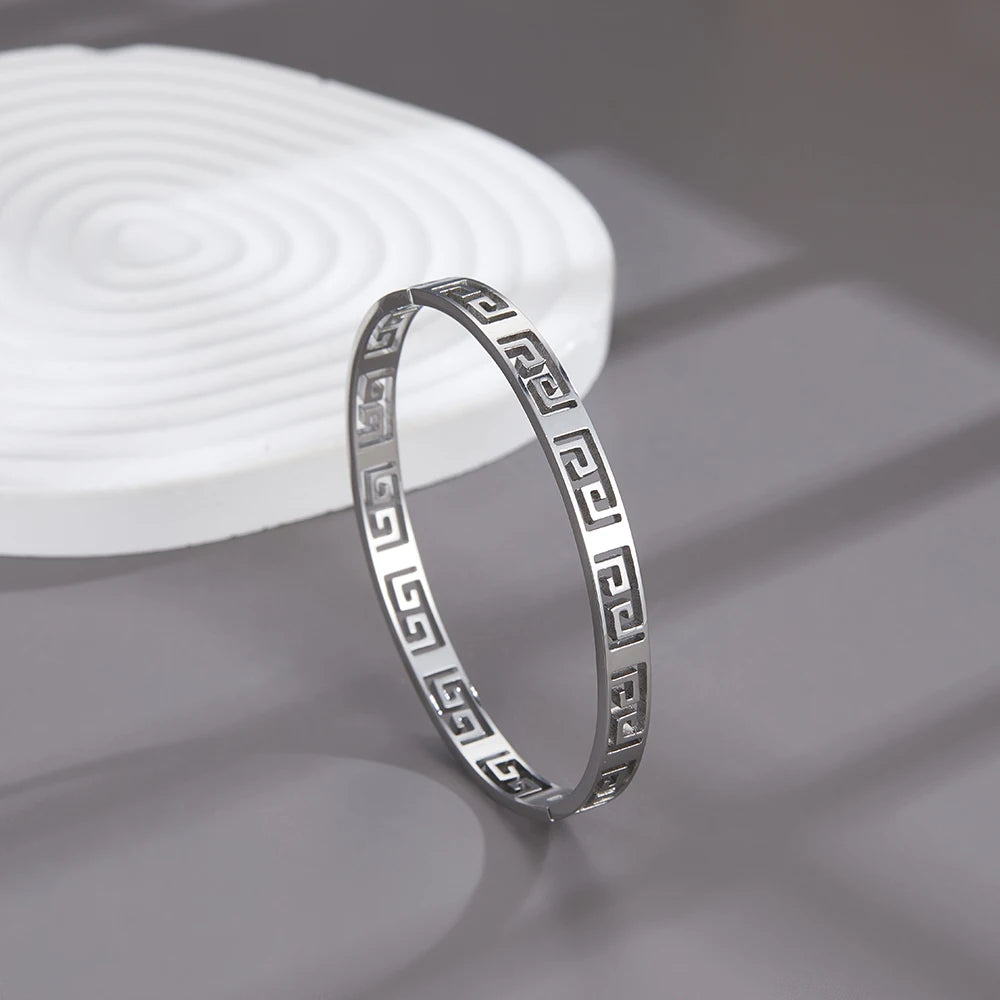 Classic letter cut black enamel gold plated stainless steel bracelet, high quality waterproof silver jewelry